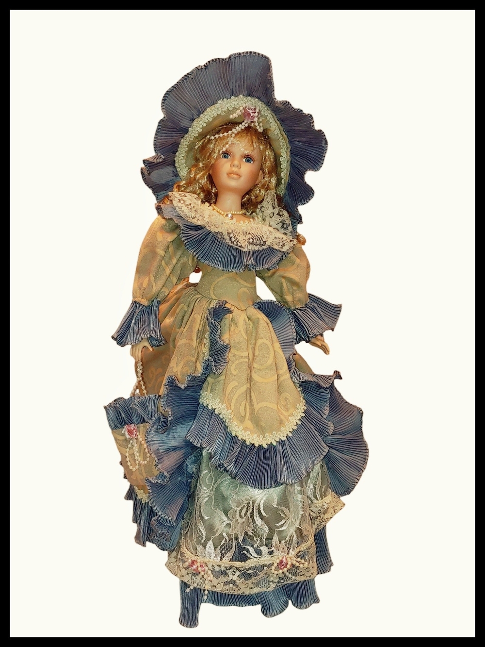 Vintage Victorian-Style Porcelain Doll in Blue and Cream Dress